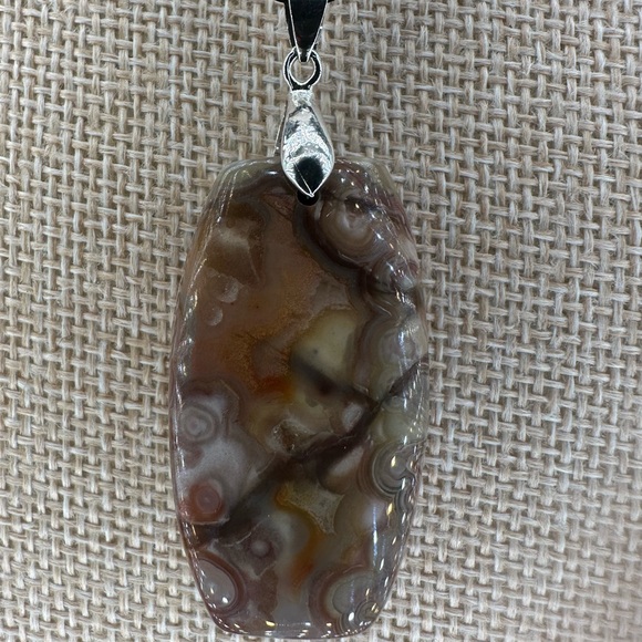 Crazy Lace Agate Laughter Stone Pendant Necklace on Black Satin Rope - Picture 4 of 14